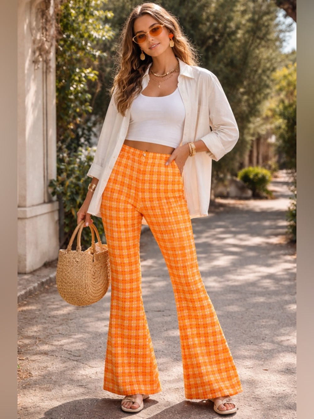 Urban Outfitters Orange Plaid Flare Pants